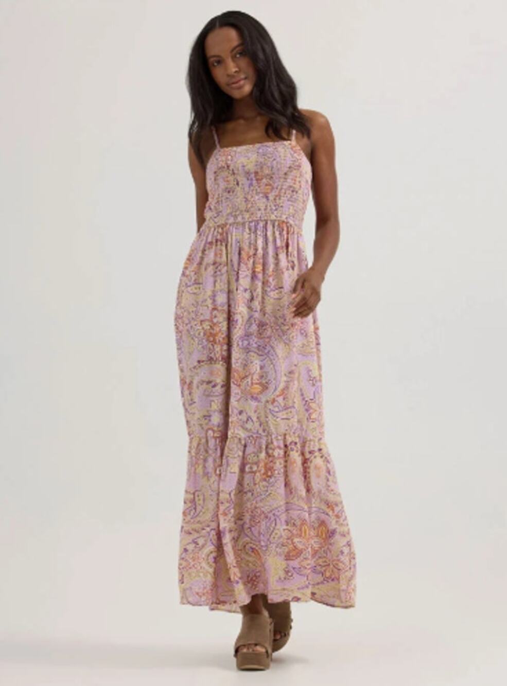 Wrangler Retro Paisley Maxi Dress Women's Small Purple Smocked Boho Western